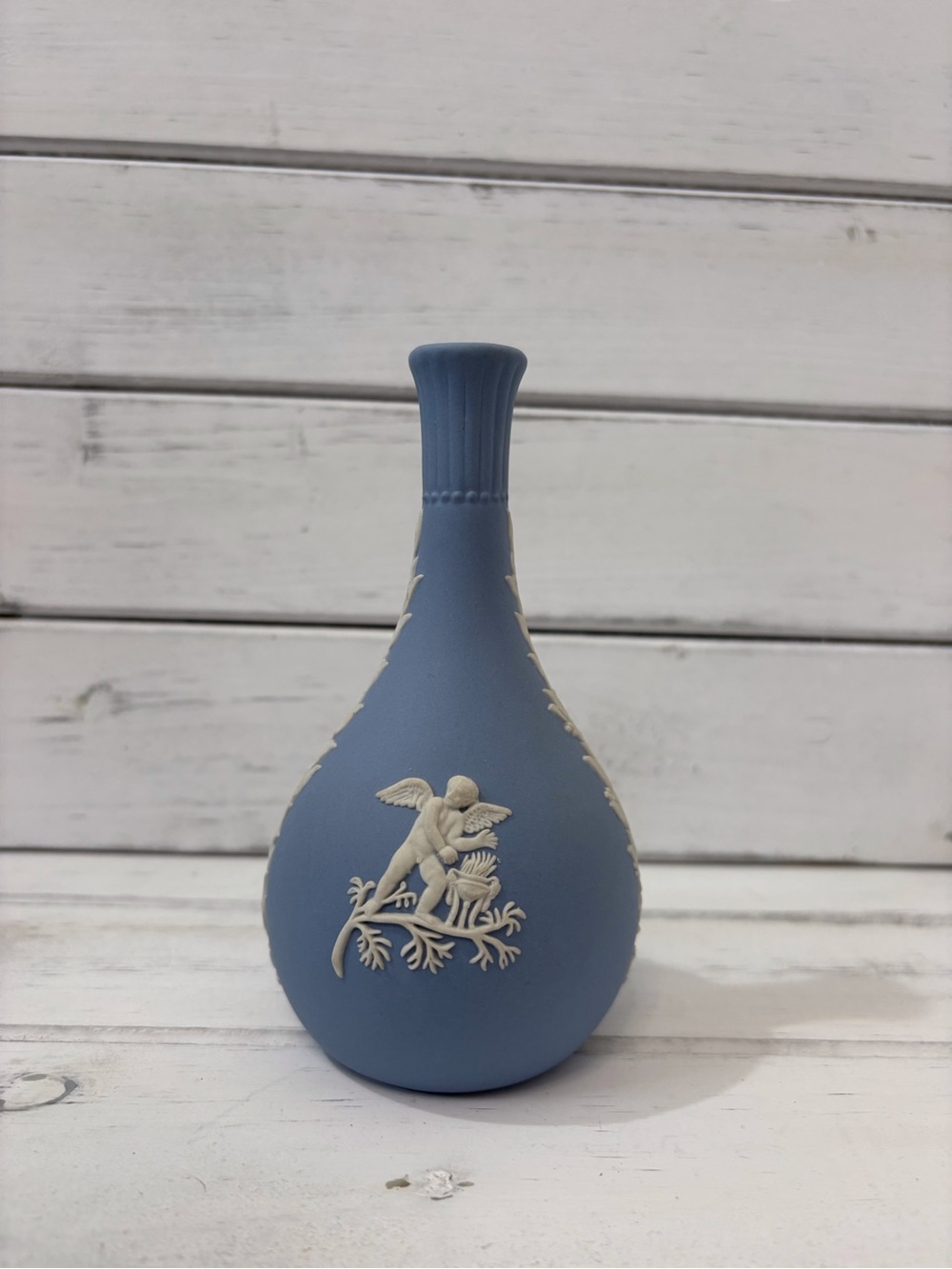 (207)Wedgwood Blue Jasperware-Style Bud Vase with Cream Relief